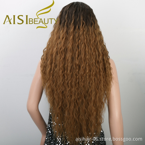 Good Quality Cheap Price Natural Hairline Swiss Lace Ombre Black Brown Long Fiber Kinky Curly Synthetic Hair Wigs